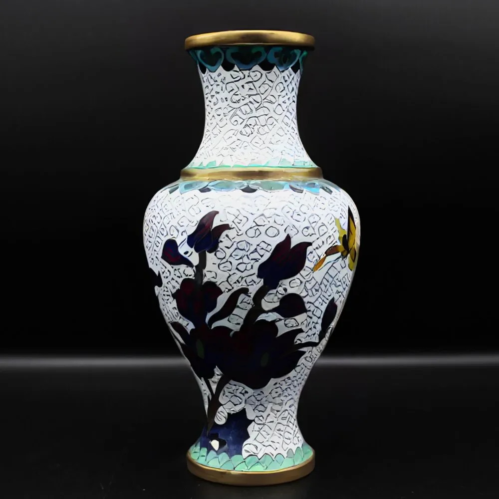 Vintage Brass Cloisonne Vase White Enamel Floral Butterfly w/ Blue Interior 7.5